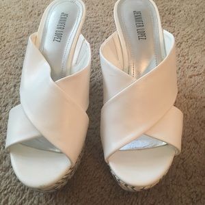 JLo platforms Size 7, white w/blue/gray/gold